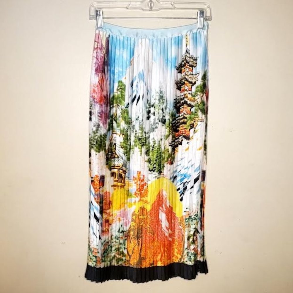 ASOS Sacai Inspired Oriental Landscape Multi-Color Print Pleated Midi Skirt